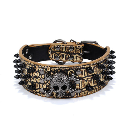 Round Head Nail Dog Collar with black spikes and skull decoration on textured brown leather
