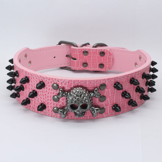 Pink Round Head Nail Dog Collar with black spikes and silver skull decoration for pet comfort