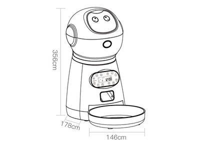 Line drawing of a Smart Pet Food Dispenser with digital display and feeding bowl, showing dimensions