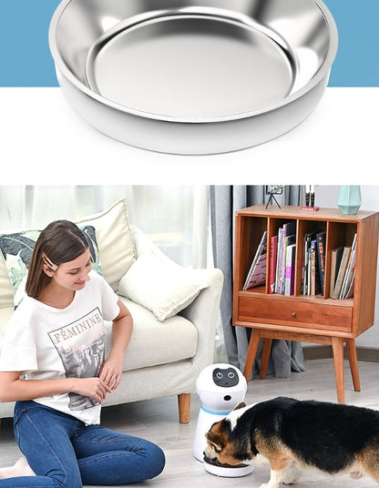 Smart Pet Food Dispenser with stainless steel bowl used by a woman to feed her dog at home