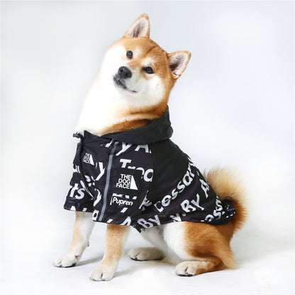 Shiba Inu in Furfamilyclub black hooded windproof dog jacket with white logo and bold typographic pattern sitting