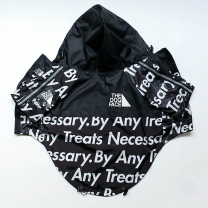 Black hooded windproof dog jacket with white slogan print The Dog Face logo adjustable drawstrings for secure fit