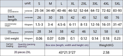 Furfamilyclub windproof dog jacket sizing chart showing chest back length neck circumference and weight ranges S to 5XL