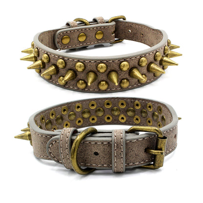 spiked leather dog collar beige suede with brass cone spikes and studs adjustable buckle and D ring